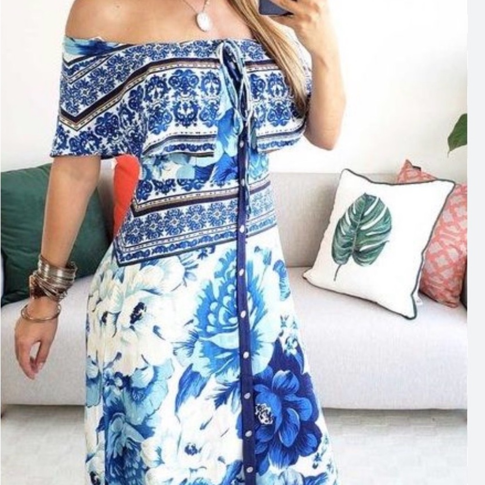 FARM Floral Blue and White Off-The-Shoulder Maxi Dress